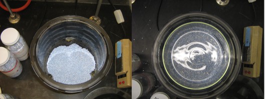 Take care to cover the glass baffles (left) with drierite.  The recrystallization dish should fit within the dessicator without touching the sides (right).
