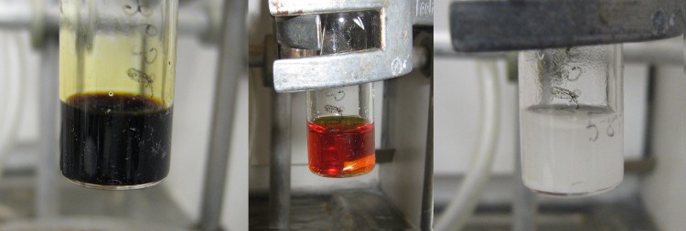 Titrating with the iodine solution moves from dark purple to orange before arriving at a colourless endpoint.